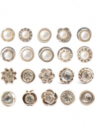 20入組女裝襯衫釦子別針套裝，珍珠和鑽石裝飾的小胸針，適用於日常裝扮