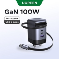 UGREEN 100W GaN Retractable Cable Charger 2xType-C 1xUSB-A for iPhone 16 15 Pro Max Samsung Glaxy S2