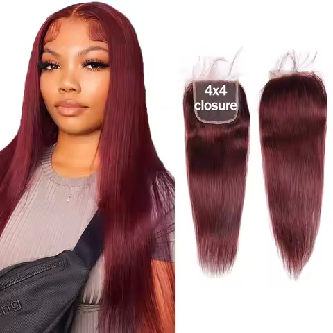99J Burgundy Straight 4x4 Lace Closure Transparent Swiss Lace 12A Brazilian Virgin 100% Human Hair P