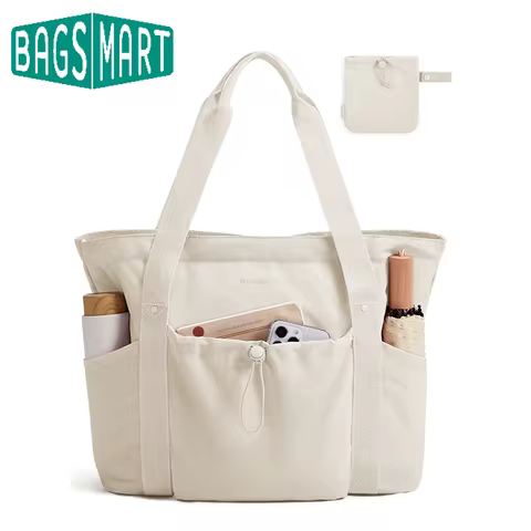 BAGSMART Foldable Tote Bag with Drawstring Bag Large Tote Bag Shoulder Bag Top Handle Handbag for Tr