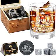 90th Birthday, Vintage 1935 Whiskey Glass Set, Wooden Box, Whiskey Stones, Coaster, Greeting Card, G