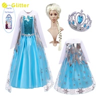 Dress for Kids Girl Frozen Elsa Cosplay Costume Blue Long Sleeve Snow Queen Princess Dress with Cape Crown Wig Accessories Outfits for Girls Wedding Party Clothes