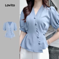 Lovito Casual Blouse Button Tie Back Soft and Comfortable Spring/summer Blue Blouse for Women L137ED