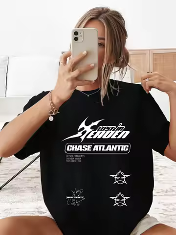 Womens Oversized Cotton Chase Atlantic Graphic Printed Streetwear Summer Casual Short Sleeve T Shirt