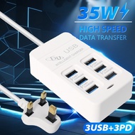 EU/US/UK Plug 6 Ports 35W Fast Charging Charger USB Type C Multifunction Power Chargers Hub Adapter 