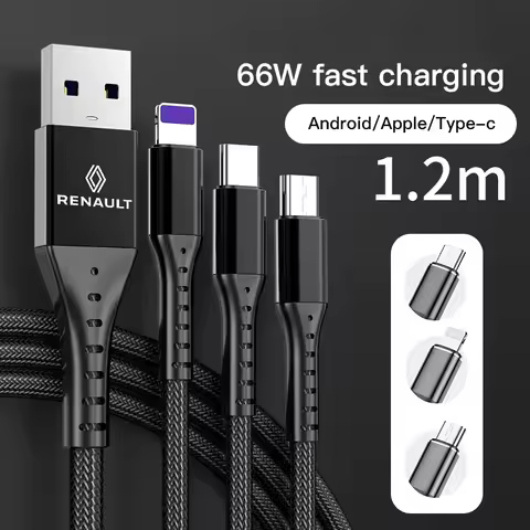 1Pcs Car 3 In 1 USB Fast Charging Cable 3A Mobile Phone Data Cable For Renault Clio Sandero Captur M