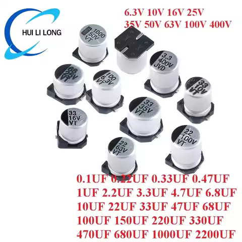 50pcs SMD Aluminum Electrolytic Capacitor 6.3V 10V 16V 25V 35V 50V 63V 100V 400V 1UF 4.7UF 10UF 47UF
