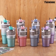 【YW】600/900ml Thermal Cup Large Capacity Glitter Powder Stainless Steel 20/30oz Handy Insulated Cup Coffee Tumbler with Straw Daily Use