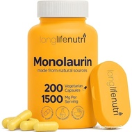 LongLifeNutri Monolaurin 1500mg - Potent Glycerol from Coconut, 200 Vegetarian Capsules, Organic Sup