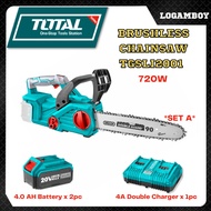 TOTAL BRUSHLESS CHAIN SAW GERGAJI CORDLESS CHAINSAW TGSLI2001 20V POTONG POKOK KAYU BATTERY 4.0 CHARGER