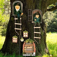 7 Pcs Fairy Garden Accessories Tree Hugger Gnome Statue Fairy Door Window Set Dwarf Elf Landscape Fi