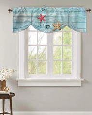 （BBBV)Wood Grain Beach Text Starfish Window Curtain Kitchen Cabinet Coffee Tie-Up Valance Curtain Rod Pocket Short Curtain