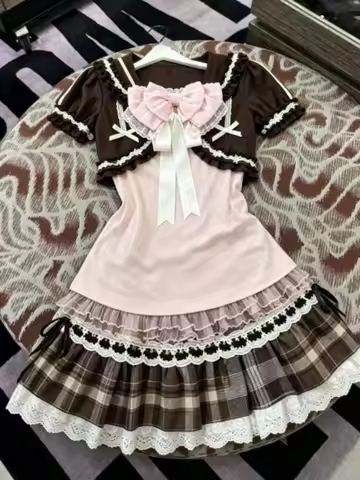 Y2k Sweet Japanese Outfits Women Vintage Lolita Ruffle Tops High Waist Skirt Kawaii Casual 3 Piece M