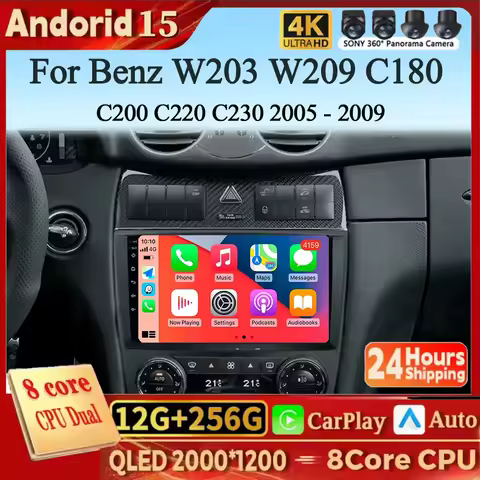 GPS Carplay AUTO Android 15 For Mercedes Benz W203 W209 C180 C200 C220 C230 2005 - 2009 video Player