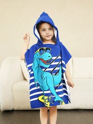 1件恐龍印花柔軟微纖維游泳套裝,3至6歲兒童連帽浴袍海灘披巾毛巾
