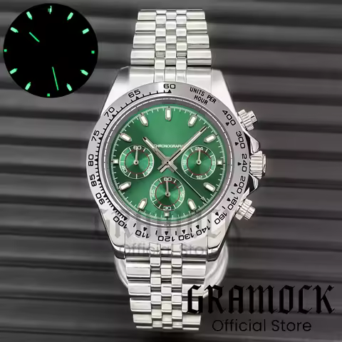 Gramock VK63 Fashion Men's Quartz Chronograph Watch Stainless Steel Polished Cent Ceramic Bezel Sapp