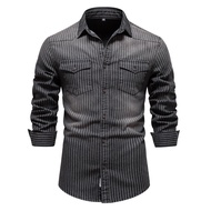 2024 High-Quality Heavy Industry Washed Distressed Striped Denim Shirt Men's Men's Long-Sleeved Deni