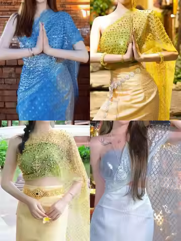 Women Summer Shawl Wrap Glitter Bead Mesh Shirts Southeast Asian Style Party Festival Dai Thai Tradi
