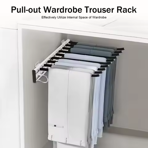 9 Arms Pull Out Trousers Rack Retractable Wall Mounted Closet Pants Scarves Hanger Left Installation