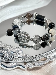富豫雙生水晶手鍊 - 醫療鋼/黑碧璽原礦/金曜石/星輝骨幹/茶晶
