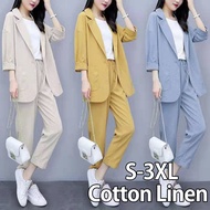 2022 Women Cotton Linen Casual Blazer Set Solid All-match Trend Two-Piece Set Ladies Plus Size Loose Suit Women's Korean-Style Office Lady Work Clothes Set