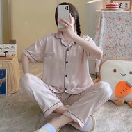 Korean Silk Plain Stripe Sleepwear Pajama Set For Women Nightwear