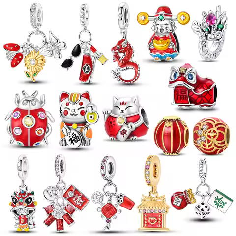 925 Sterling Silver Dragon&Lucky Cat&Lion Dance&God of Wealth&Lucky Bag Charm Fit Brand Bracelet Chi