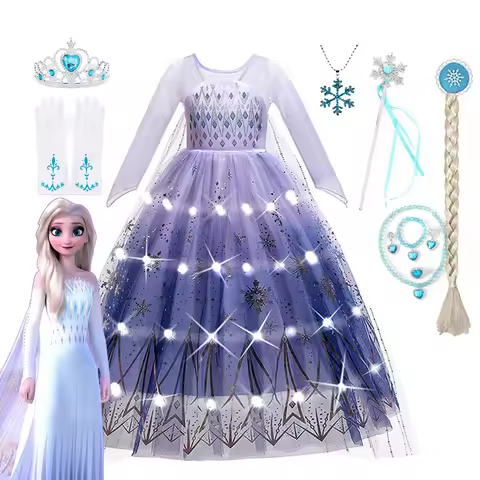 Disney Frozen Elsa Anna Mesh Sequin Dress Girls Cosplay Snow Queen Elsa Lace Princess With LED Light