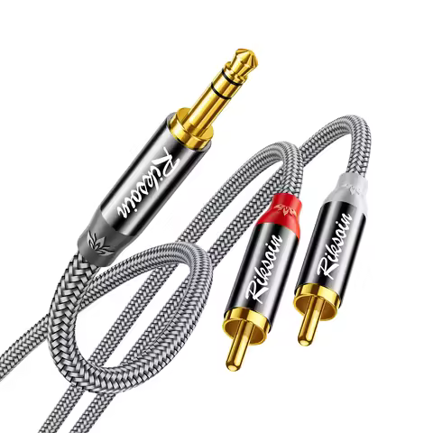 Riksoin 3.5mm to 2 RCA Audio Cable, Hi-Fi Stereo, Gold-Plated, Nylon Braided Y-Cord for Amp/Speaker/
