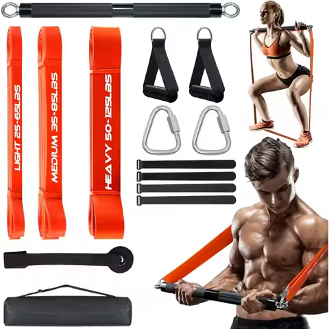 Compact 23 Inch (58cm) Resistance Bar Set with 3 Stackable Bands - 500LBS Heavy Duty Home Gym Kit, P