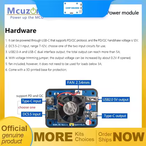 5V 5A PD power module with USB-C and USB-A dual ports for Raspberry Pi 5, supporting USB-C PD 12V or