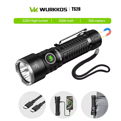 Wurkkos TS28 Tactical Flashlight 3200LM Range 506m IP68 Torch use 21700 Battery Rechargeable Reverse