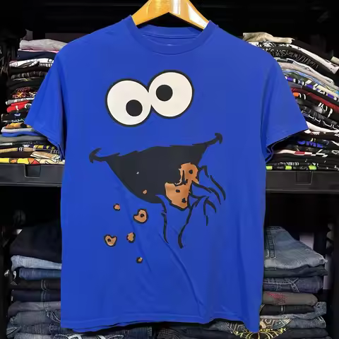 Summer Women's Sesame Street Cookie Monster T-shirt Streetwear Oversized Loose Casual Short Sleeve S