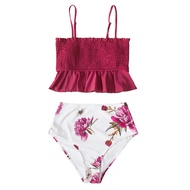 CUPSHE Smocked Blue Leaves Print Bikini Sets Women Ruffle High-waist Tankini Two Pieces Swimsuits  G