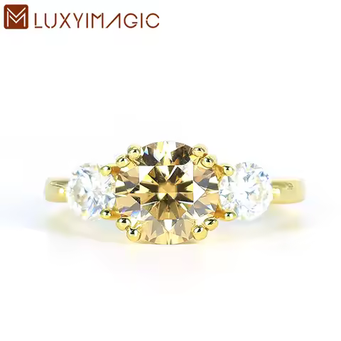 Luxyimagic 2CT Champagne Moissanite and 0.8ct White Moissanite Rings for Women Round Cut Solitaire R