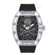 RM นาฬิกา Richard Double Tourbillon Hollow Automatic Mechanical Watch นาฬิกาข้อมือทรงถังซิลิโคนนาฬิก