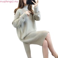 Split Blue Woman Dress Solid Midi Cover Up Knee Length Clothes Knitted Turtleneck Loose 2023 Crochet