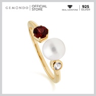 Gemondo แหวนมุก 925 เงินแท้ชุบทองสี 22K ประดับโกเมน (Garnet) และโทแพซ (Colorless Topaz) ดีไซน์โมเดิร