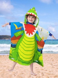 1入組吸水保暖鱷魚印花多用途披肩浴袍，有扣和帽子，適用於男孩游泳旅行運動