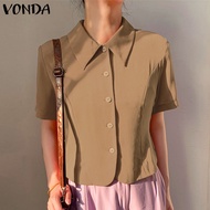 VONDA เสื้อผู้หญิงเสื้อเชิ๊ต OL แฟชั่นหรูหราฤดูร้อนมีปกเสื้อแขนสั้นมีปกติดกระดุมเสื้อสีพื้น (ลำลองเกาหลี)