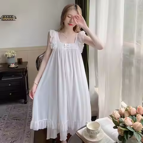 Sweet Pajamas Sleepwear Summer Womens Princess Dress White Sleeveless Sleepshirts Vintage Lady Girls