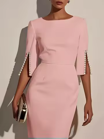 Women's Solid Color Pencil Midi Dress - Pearl Embellished Half Sleeve O-Neck Elegant Office Wear