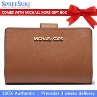 Michael Kors Wallet In Box Medium Wallet Jet Set Travel Leather Bifold Zip Coin Luggage Brown 35F7GT