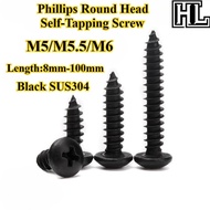 [HL-ZGLS] Black SUS304 Phillips Round Head Self-Tapping Screw M5/M5.5/M6 Cross Pan Head Pointed Tail