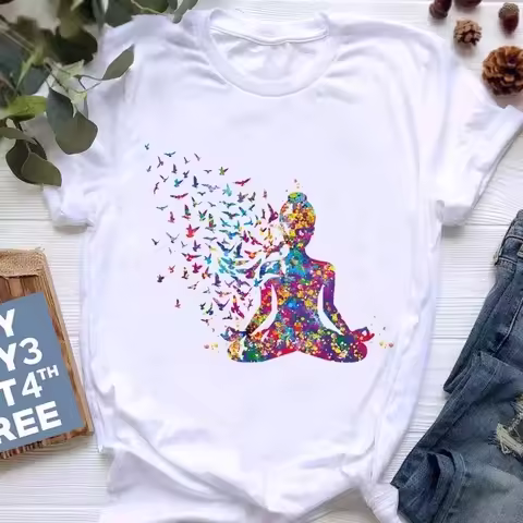 Plus Size Watercolor Breathe Chakra Symbols Yoga Print Tshirt Women Bird Om Aum Jade Buddha Meditati