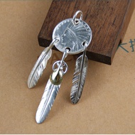 จี้ขนนกเหรียญเงินอินเดียแขวนสามจุด Goros สะพานสูงทำมือเงอะงะเงินแท้925 goros