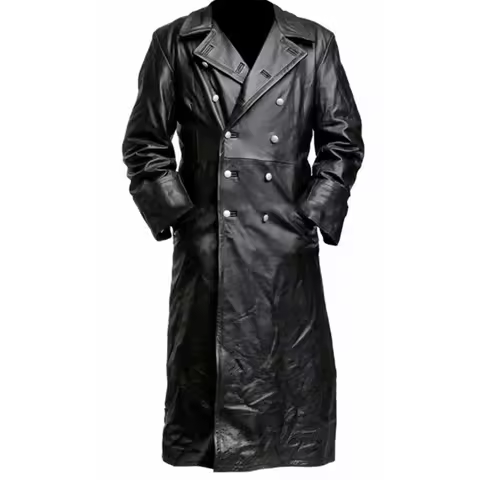 CyMEN'S GERMAN CLASSIC WW2 MILITARY UNIFORM OFFICER BLACK REAL LEATHER TRENCH COAT