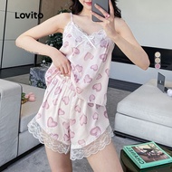 Lovito Casual Lace Korean Fashion Ice Silky Pajamas 2 Pcs Home Comfortable Pajama Sets for Women LNE
