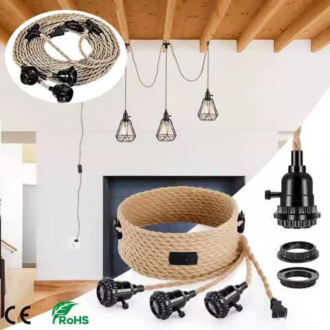 6.8M 3 Heads Vintage Style Hemp Rope Pendant Light Cord Kits US EU Plug Switch E26 E27 Lamp Holder f