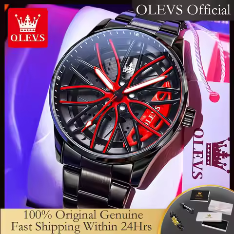 OLEVS 9937 Quartz Watch for Men Fashion 3D Hollow Wheel Rotary Dial Black Stainless Steel Waterproof